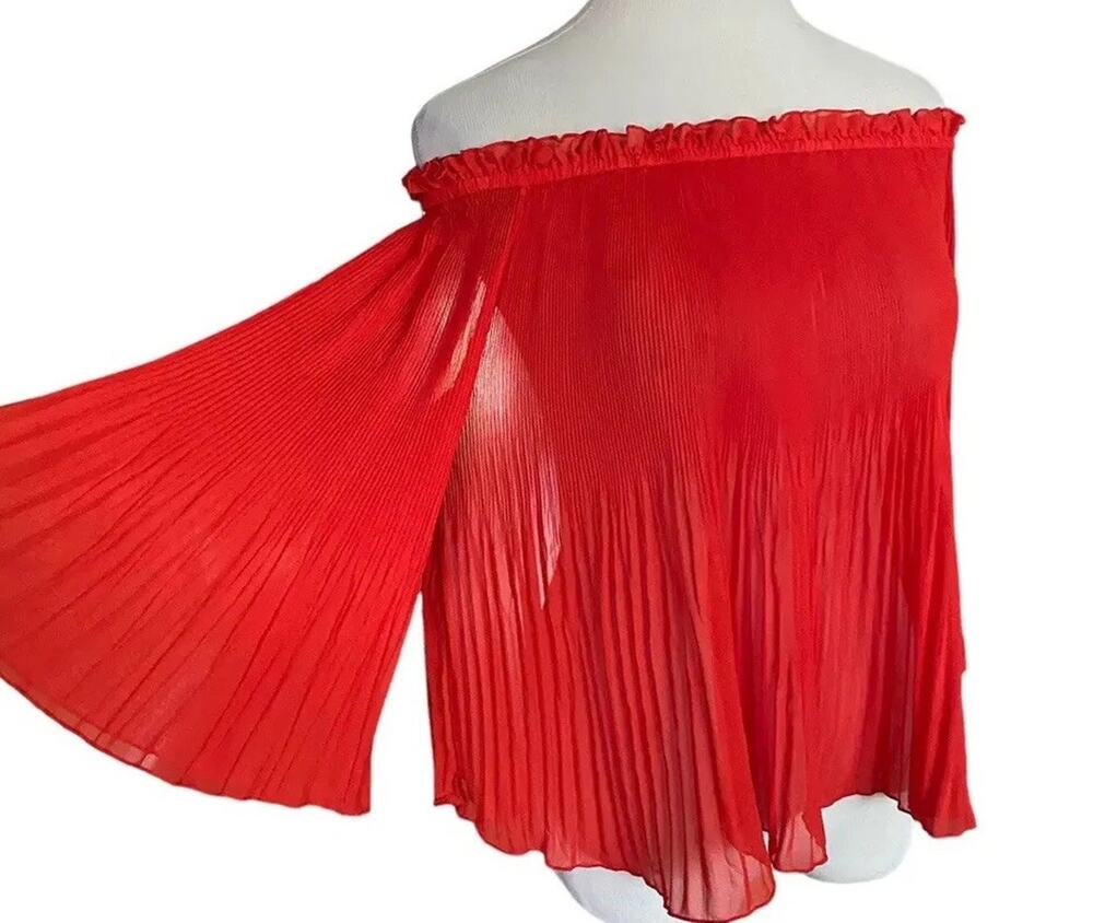 Zara Off The Shoulder crinkle Pleat red blouse Women S Bell Sleeve Top sheer